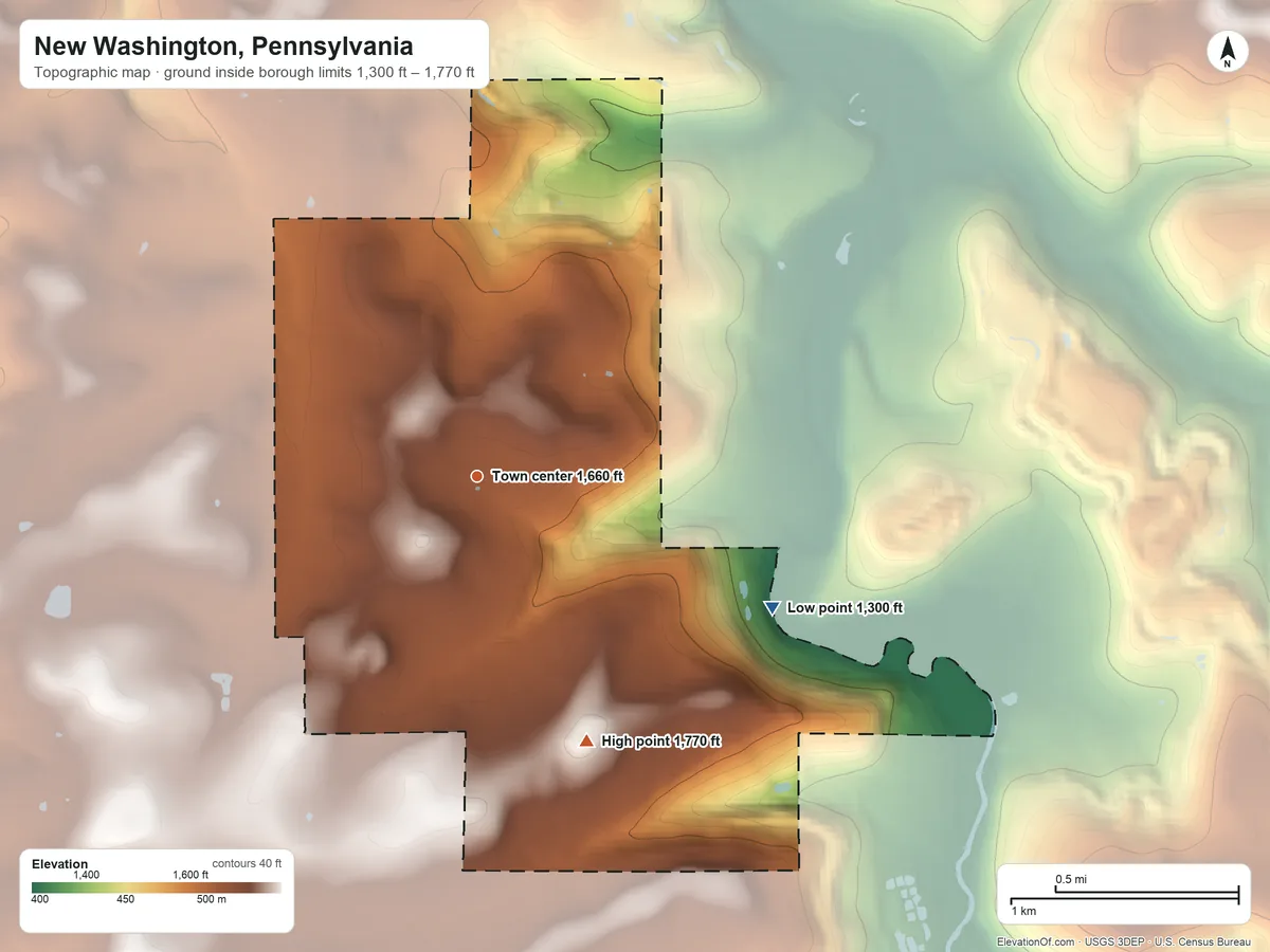 Topographic elevation map of New Washington, Pennsylvania, shaded from 1,300 ft on the southeast side to 1,770 ft on the south side