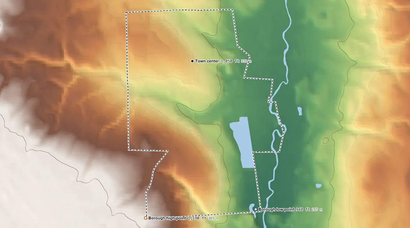 Topographic elevation map of New Wilmington, Pennsylvania, shaded from 940 ft on the southeast side to 1,190 ft on the south side