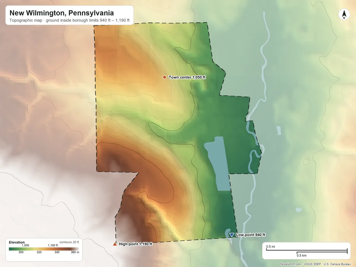 Topographic elevation map of New Wilmington, Pennsylvania, shaded from 940 ft on the southeast side to 1,190 ft on the south side