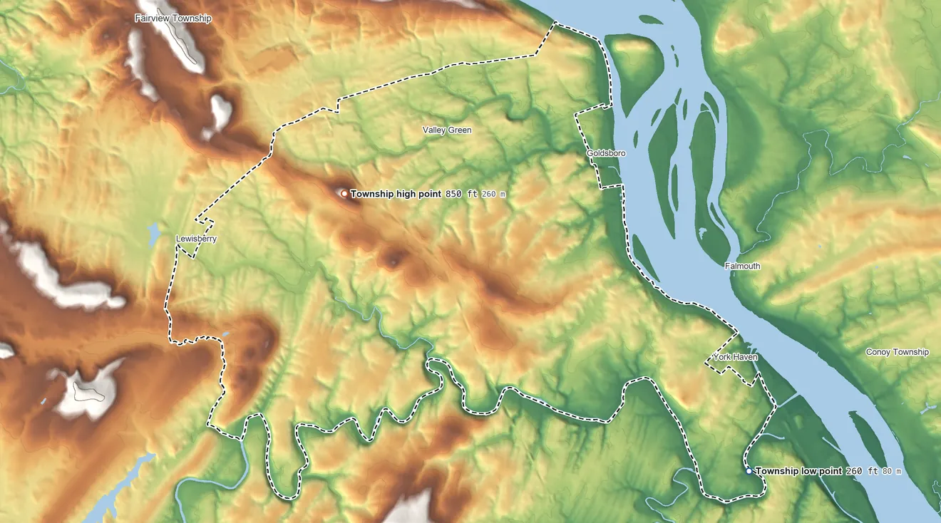 Topographic elevation map of Newberry Township, Pennsylvania, shaded from 260 ft on the southeast side to 850 ft on Wickersham Hill