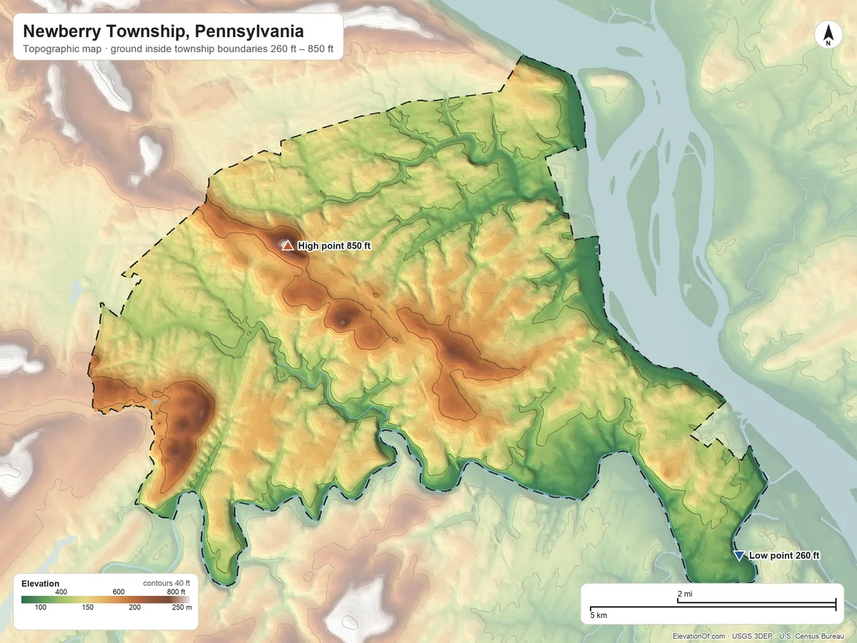 Topographic elevation map of Newberry Township, Pennsylvania, shaded from 260 ft on the southeast side to 850 ft on Wickersham Hill