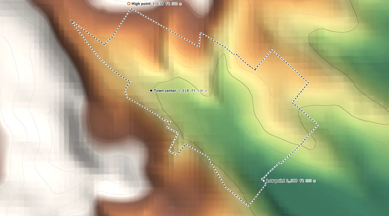 Topographic elevation map of Newburg, Blair County, Pennsylvania, shaded from 1,300 ft on the southeast side to 1,630 ft on the north edge, below higher ground just outside