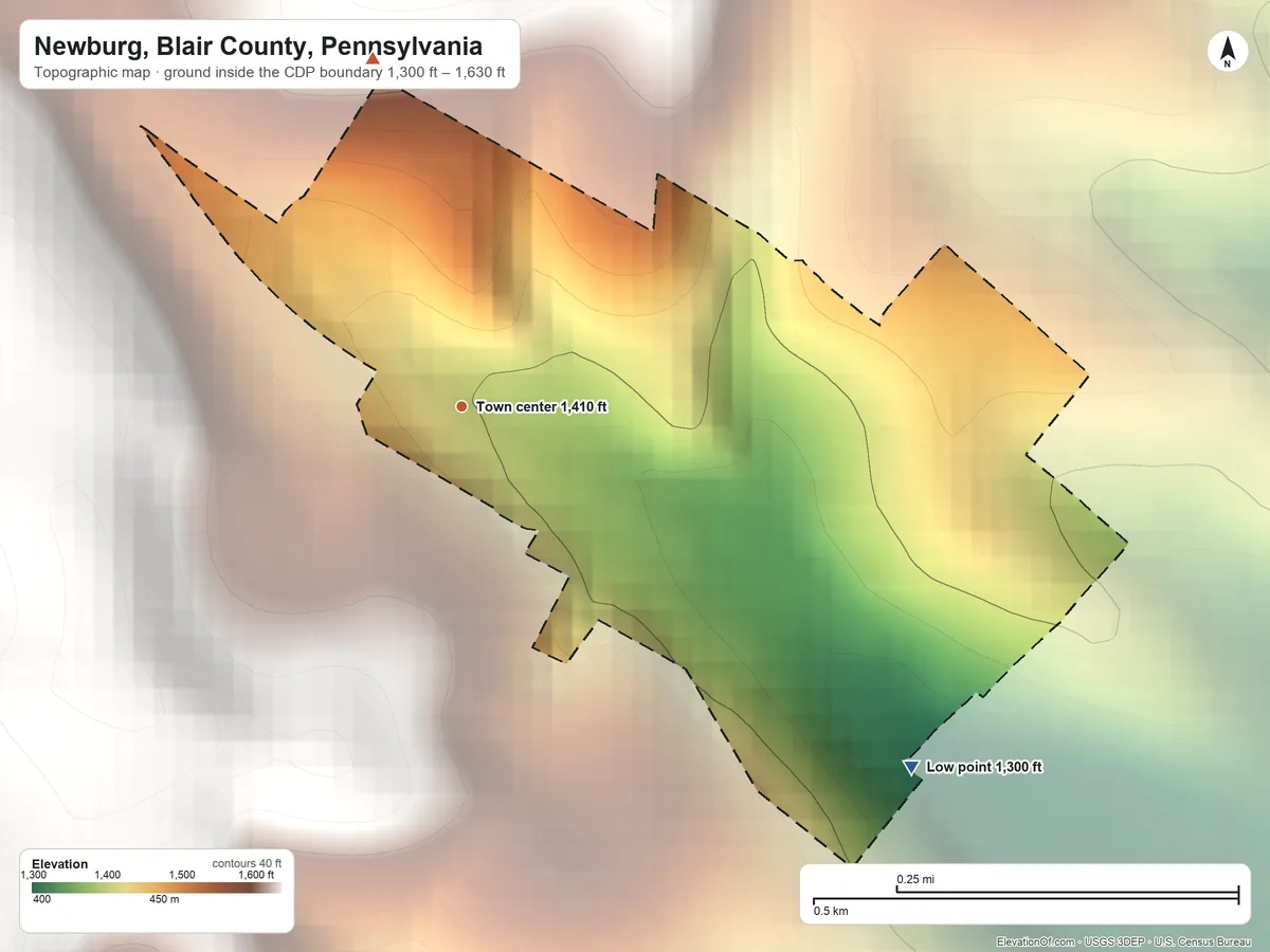Topographic elevation map of Newburg, Blair County, Pennsylvania, shaded from 1,300 ft on the southeast side to 1,630 ft on the north edge, below higher ground just outside