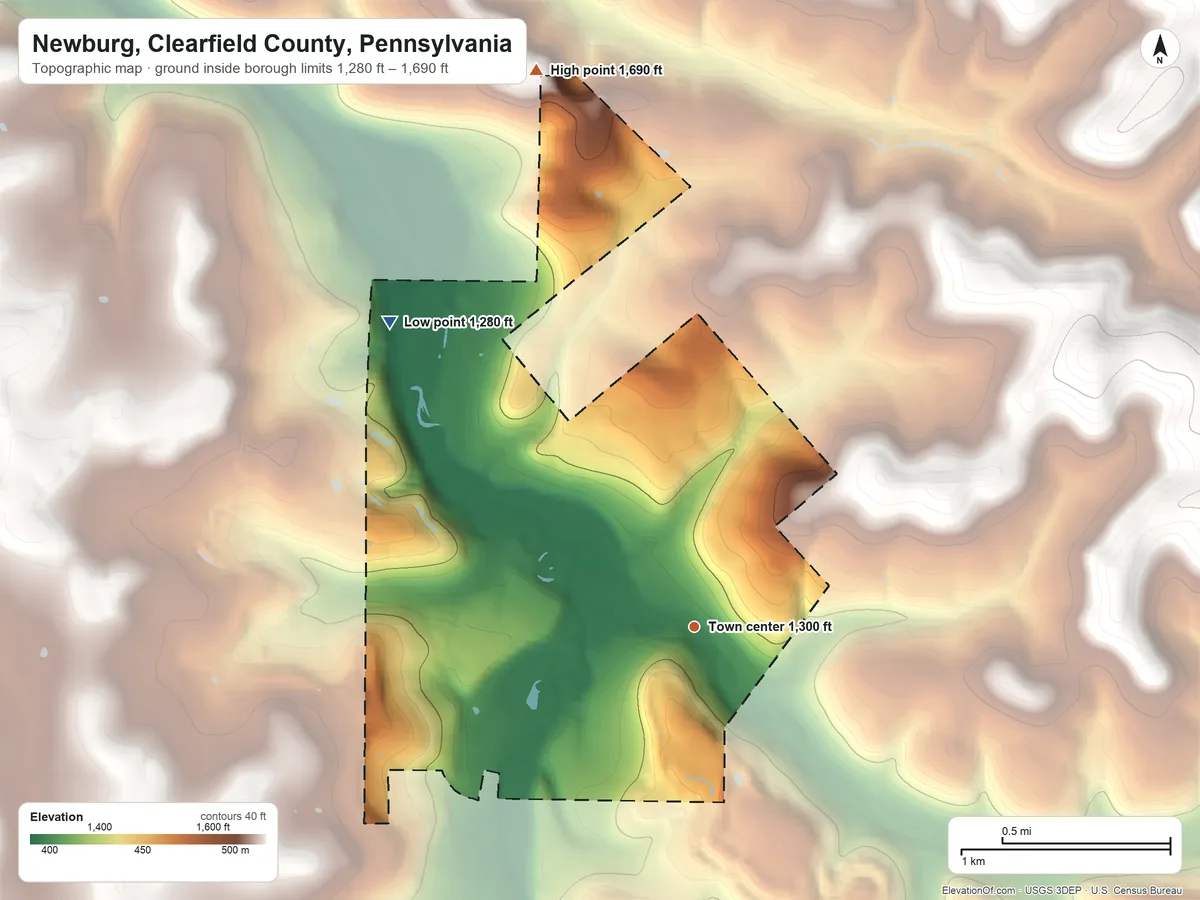 Topographic elevation map of Newburg, Clearfield County, Pennsylvania, shaded from 1,280 ft on the northwest side to 1,690 ft on the north side