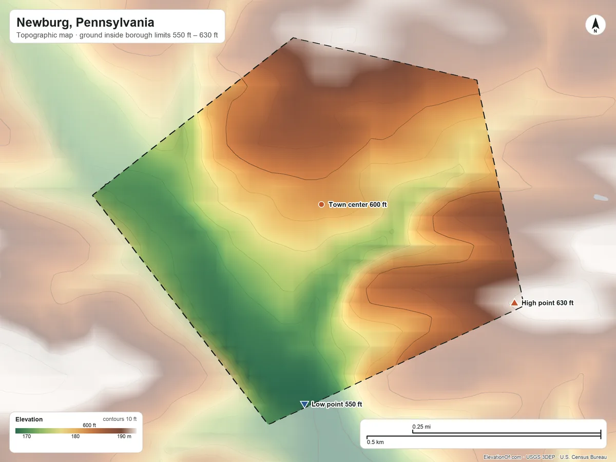Topographic elevation map of Newburg, Pennsylvania, shaded from 550 ft on the south side to 630 ft on the southeast side
