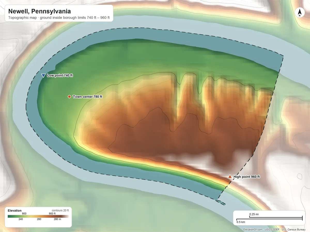 Topographic elevation map of Newell, Pennsylvania, shaded from 740 ft on the northwest side to 960 ft on the southeast side