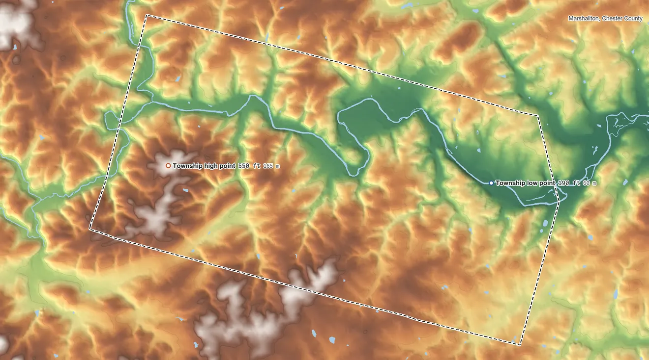 Topographic elevation map of Newlin Township, Pennsylvania, shaded from 190 ft on the east side to 550 ft on the west side