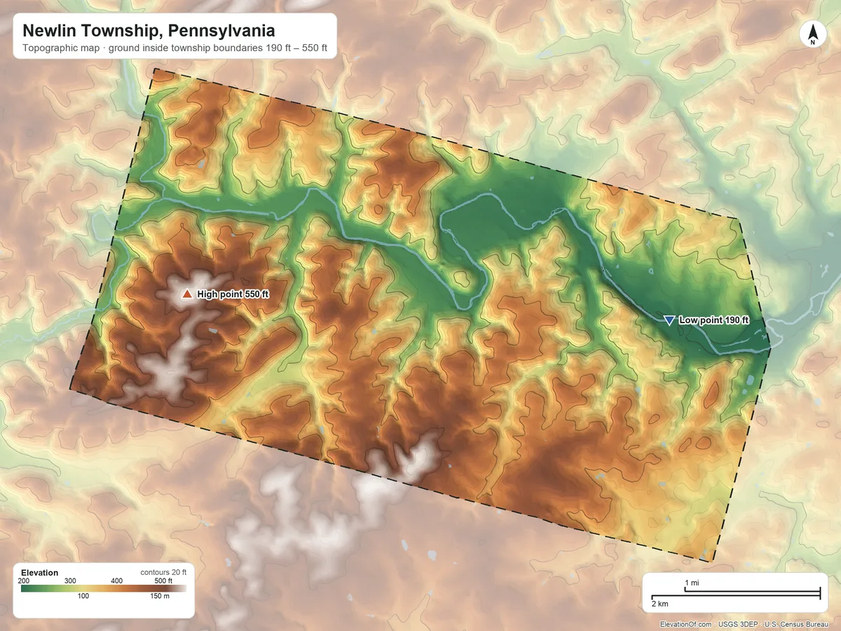 Topographic elevation map of Newlin Township, Pennsylvania, shaded from 190 ft on the east side to 550 ft on the west side