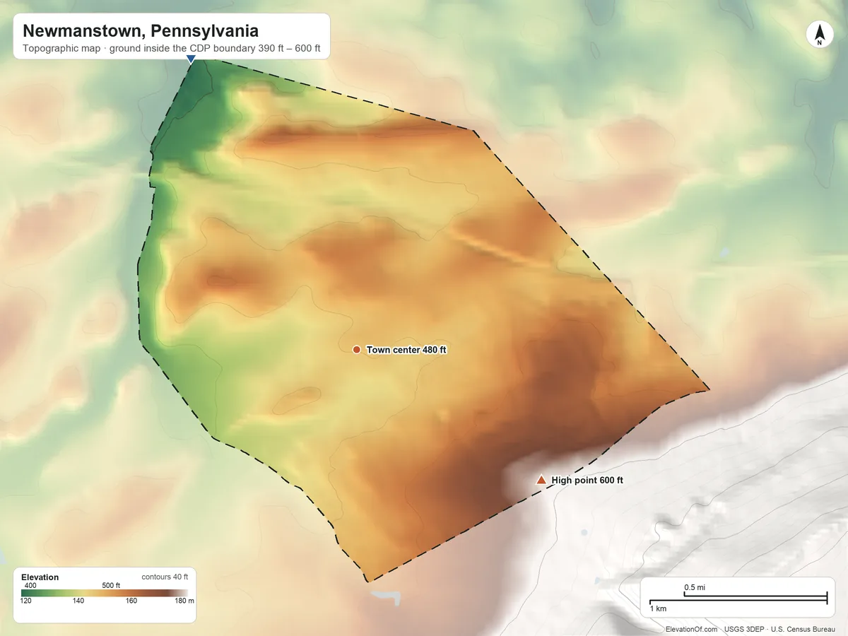 Topographic elevation map of Newmanstown, Pennsylvania, shaded from 390 ft on the northwest side to 600 ft at the foot of the South Mountain
