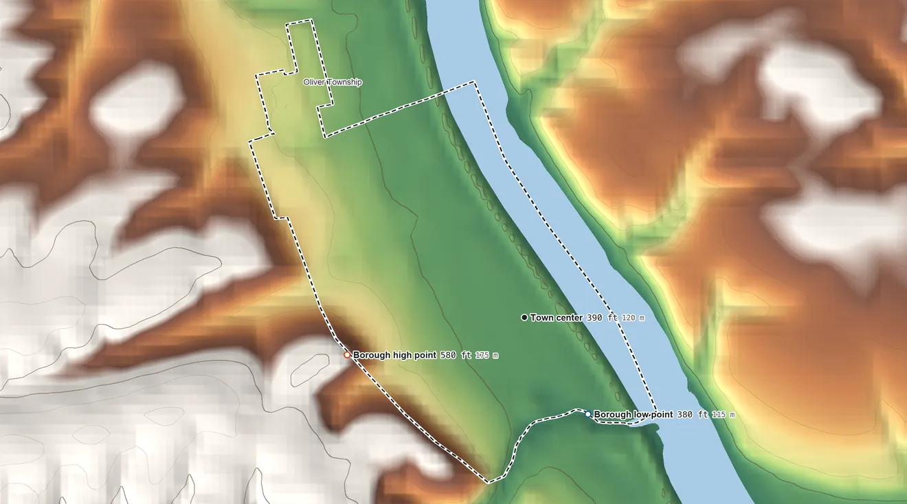 Topographic elevation map of Newport, Pennsylvania, shaded from 380 ft on the southeast side to 580 ft at the foot of the Little Mountain