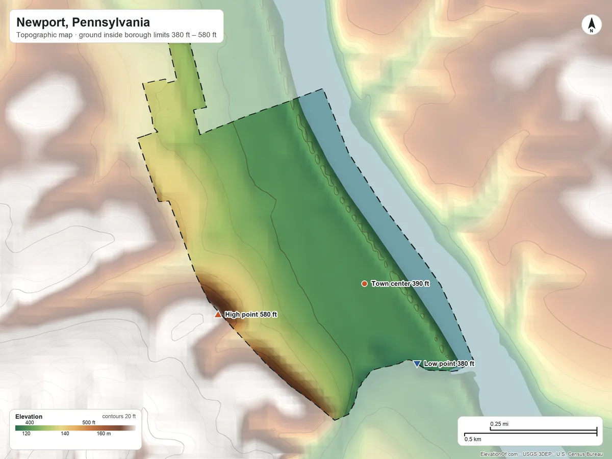 Topographic elevation map of Newport, Pennsylvania, shaded from 380 ft on the southeast side to 580 ft at the foot of the Little Mountain