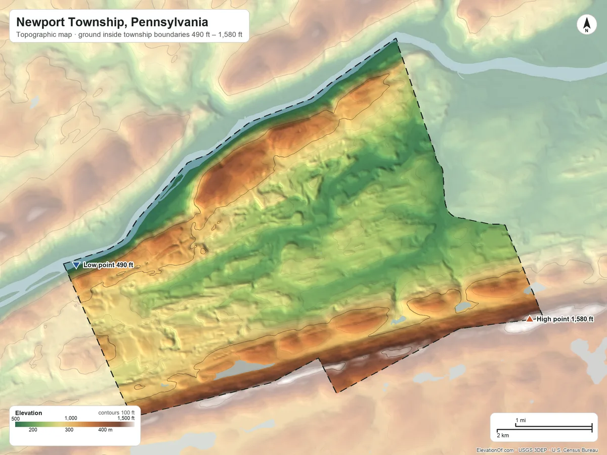 Topographic elevation map of Newport Township, Pennsylvania, shaded from 490 ft on the west side to 1,580 ft on the east side