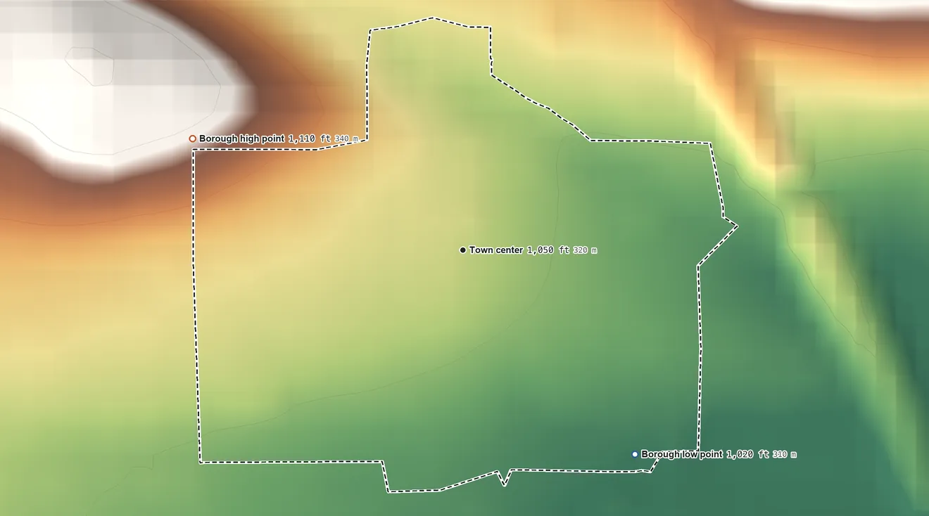 Topographic elevation map of Newry, Pennsylvania, shaded from 1,020 ft on the southeast side to 1,110 ft at the foot of the Tussey Mountain