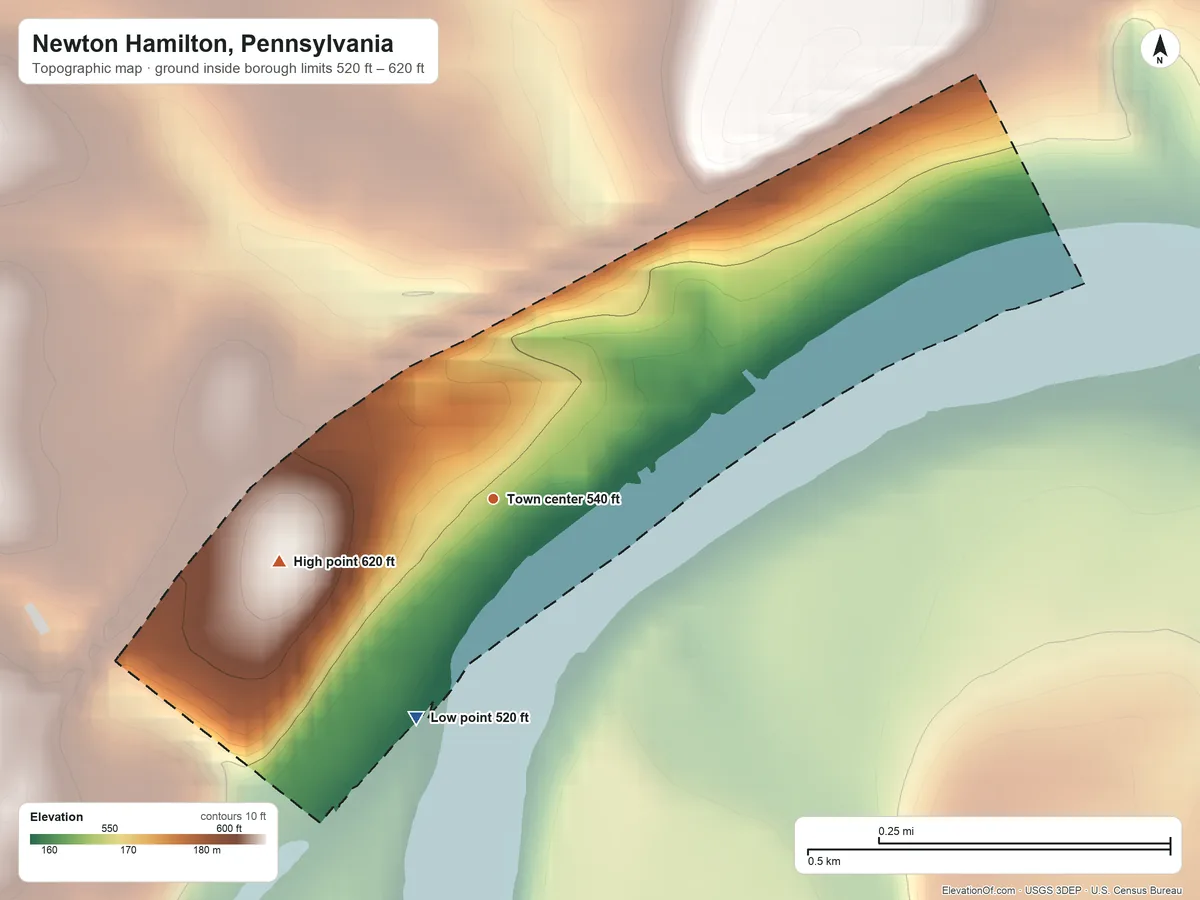 Topographic elevation map of Newton Hamilton, Pennsylvania, shaded from 520 ft on the south side to 620 ft on the west edge, below higher ground just outside