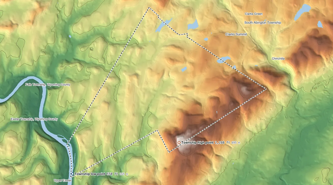 Topographic elevation map of Newton Township, Pennsylvania, shaded from 550 ft on the southwest side to 2,280 ft on Bald Mountain