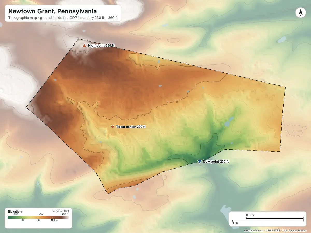 Topographic elevation map of Newtown Grant, Pennsylvania, shaded from 230 ft on the east side to 360 ft on the north side