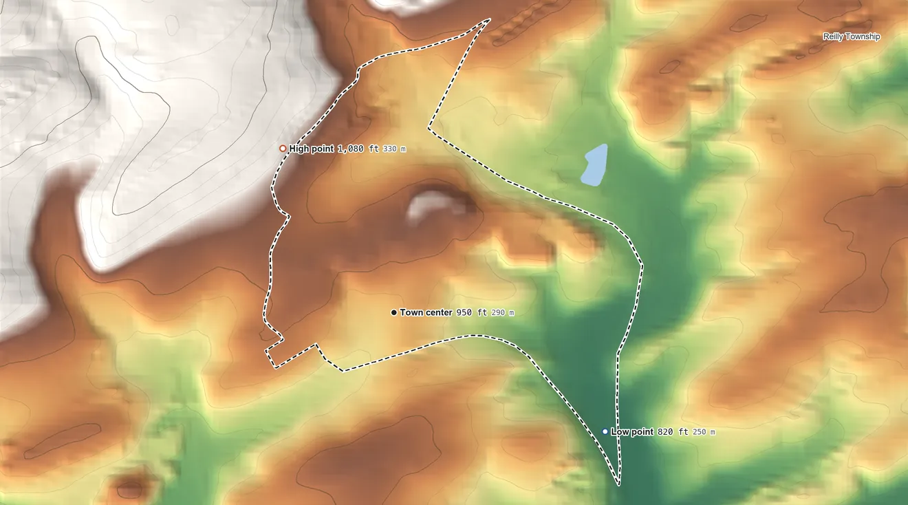 Topographic elevation map of Newtown, Schuylkill County, Pennsylvania, shaded from 820 ft on the southeast side to 1,080 ft at the foot of the Little Mountain
