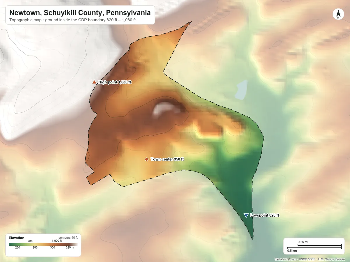 Topographic elevation map of Newtown, Schuylkill County, Pennsylvania, shaded from 820 ft on the southeast side to 1,080 ft at the foot of the Little Mountain