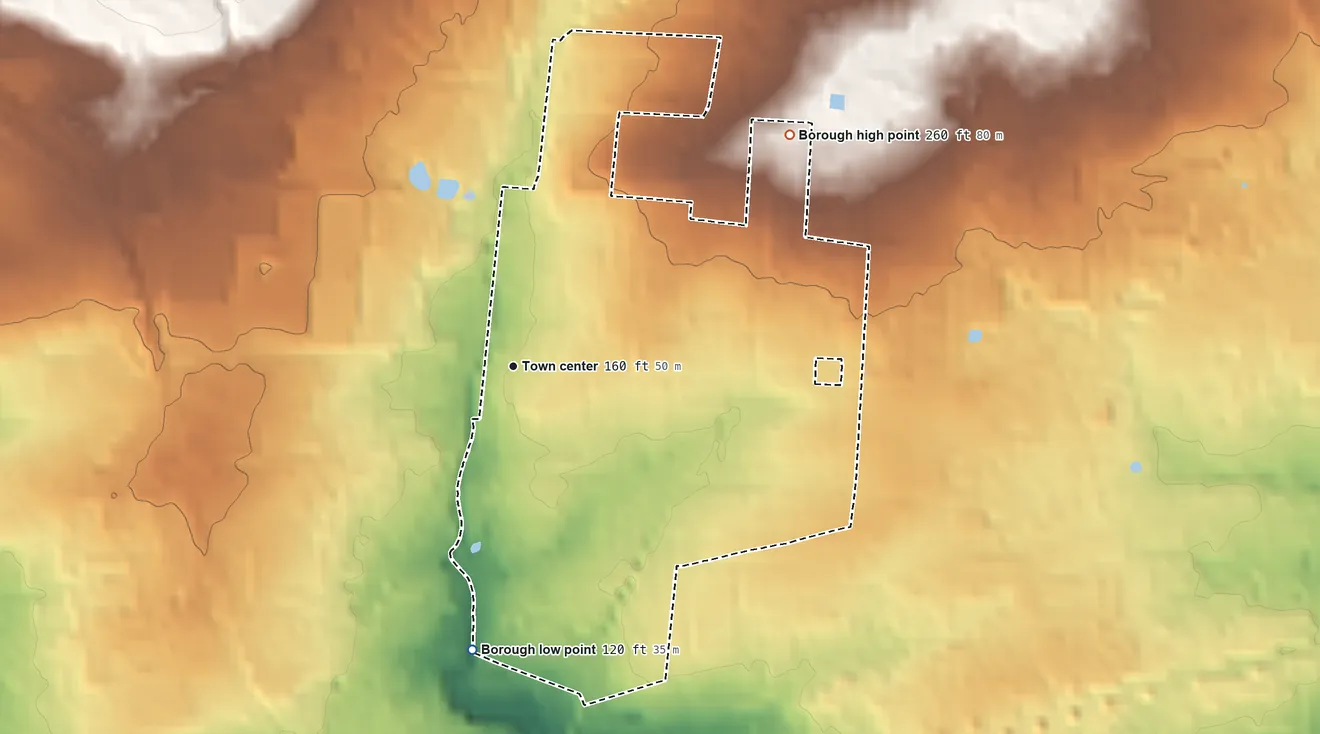 Topographic elevation map of Newtown, Pennsylvania, shaded from 120 ft on the south side to 260 ft on the northeast side