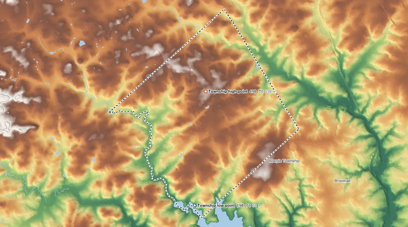 Topographic elevation map of Newtown Township, Delaware County, Pennsylvania, shaded from 190 ft on the southwest side to 490 ft on the northwest side