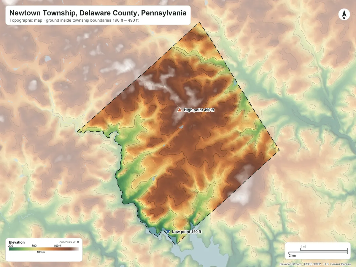 Topographic elevation map of Newtown Township, Delaware County, Pennsylvania, shaded from 190 ft on the southwest side to 490 ft on the northwest side