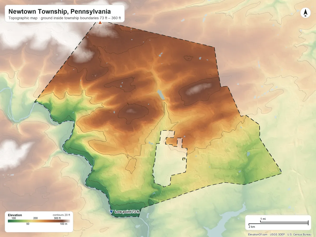 Topographic elevation map of Newtown Township, Pennsylvania, shaded from 73 ft on the south side to 360 ft on the northwest side
