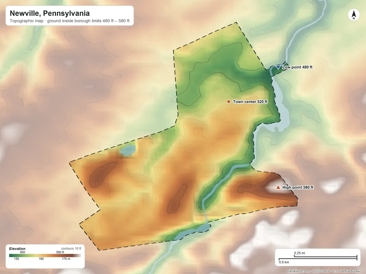 Topographic elevation map of Newville, Pennsylvania, shaded from 480 ft on the northeast side to 580 ft on the southeast side