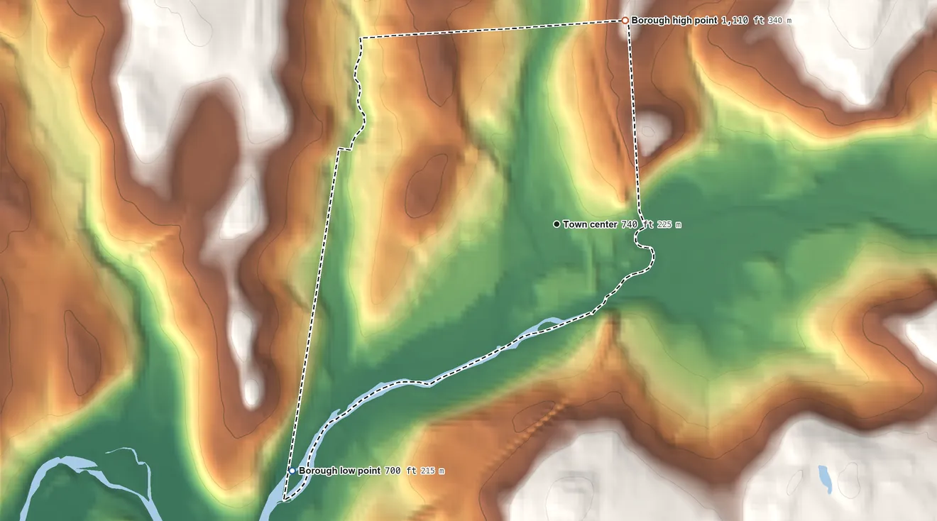 Topographic elevation map of Nicholson, Pennsylvania, shaded from 700 ft on the southwest side to 1,110 ft on the north side