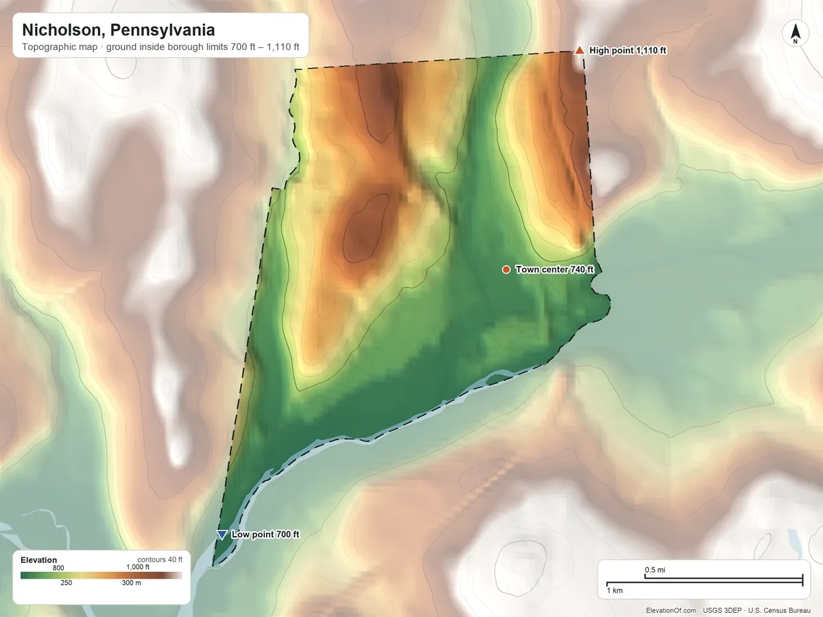 Topographic elevation map of Nicholson, Pennsylvania, shaded from 700 ft on the southwest side to 1,110 ft on the north side