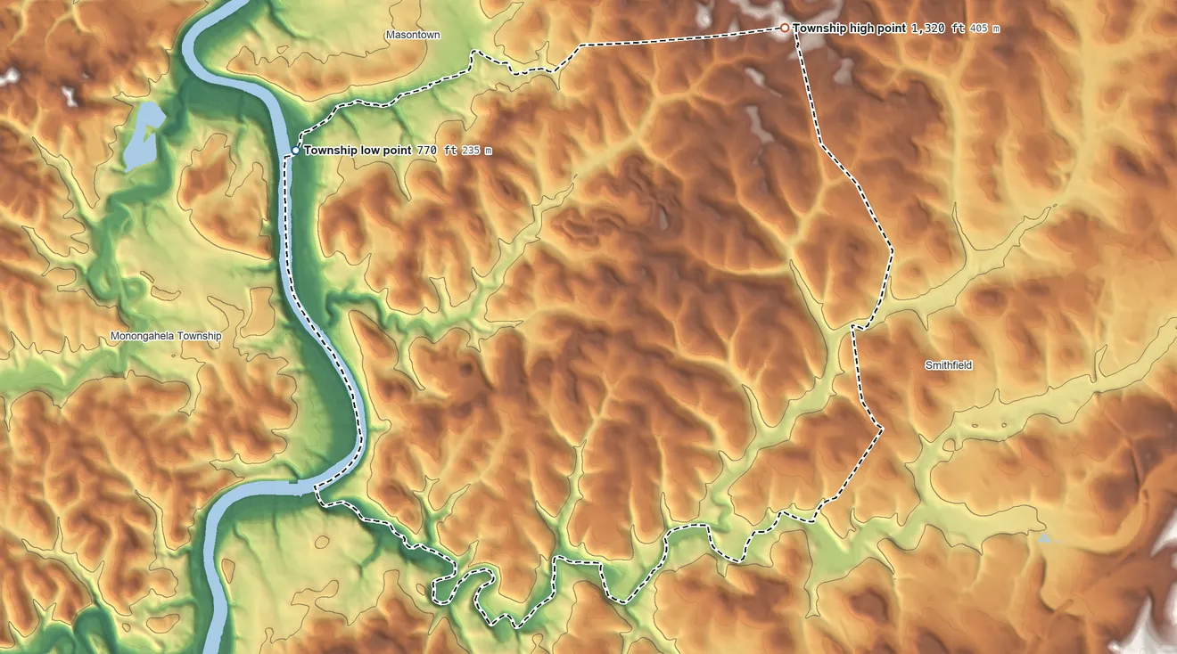 Topographic elevation map of Nicholson Township, Pennsylvania, shaded from 770 ft on the northwest side to 1,320 ft on the northeast side