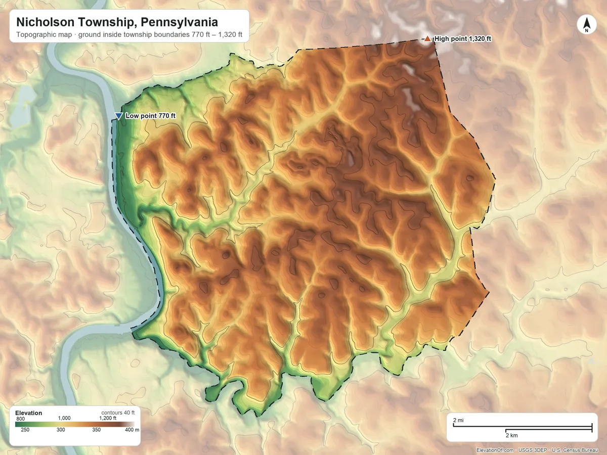 Topographic elevation map of Nicholson Township, Pennsylvania, shaded from 770 ft on the northwest side to 1,320 ft on the northeast side