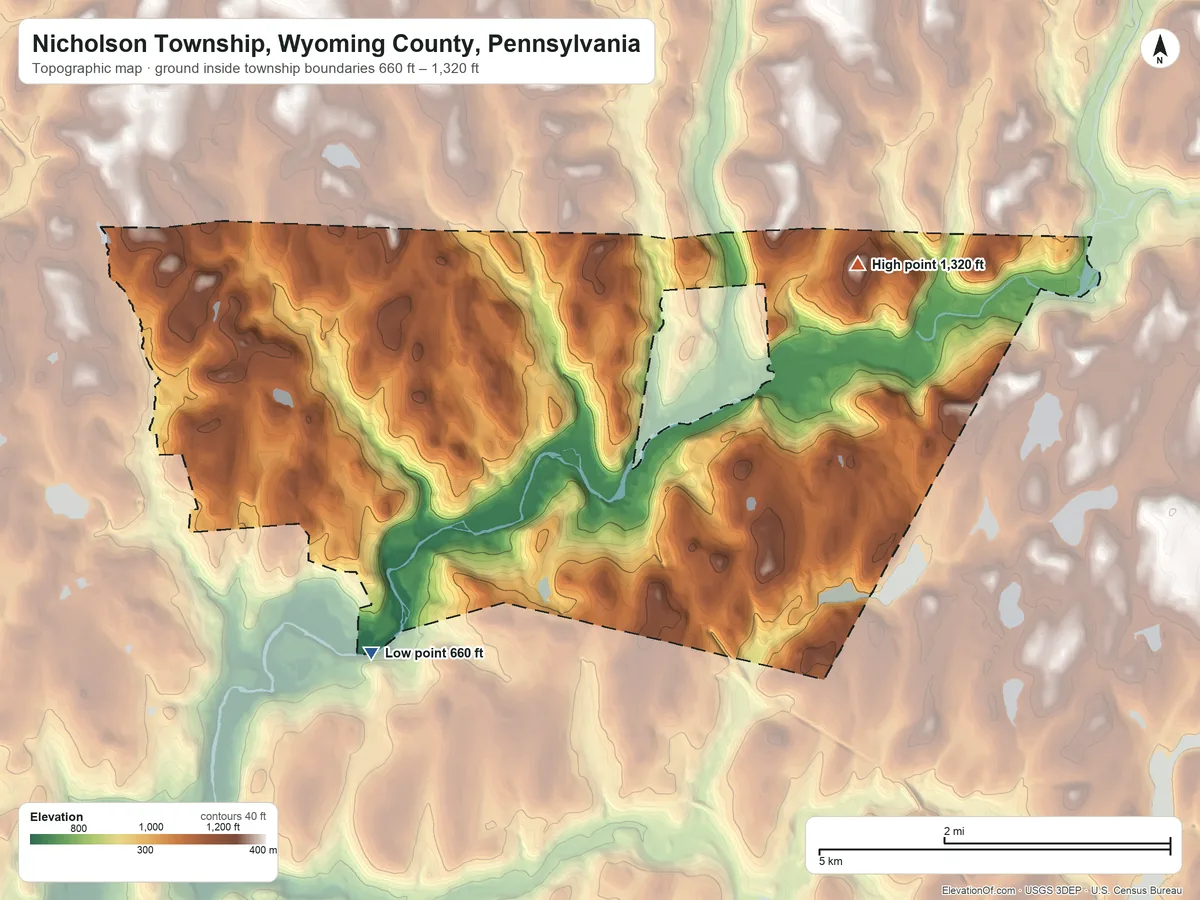 Topographic elevation map of Nicholson Township, Wyoming County, Pennsylvania, shaded from 660 ft on the southwest side to 1,320 ft on the northeast side