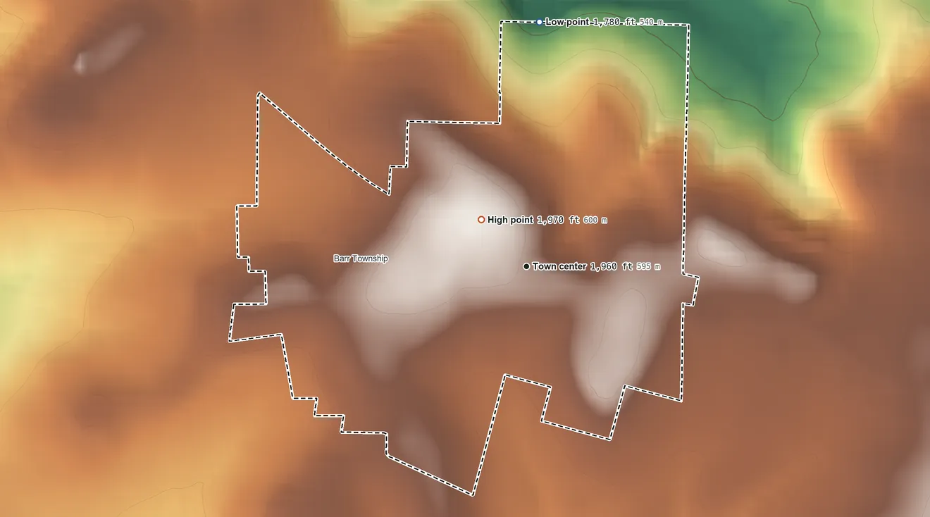 Topographic elevation map of Nicktown, Pennsylvania, shaded from 1,780 ft on the north side to 1,970 ft near the middle