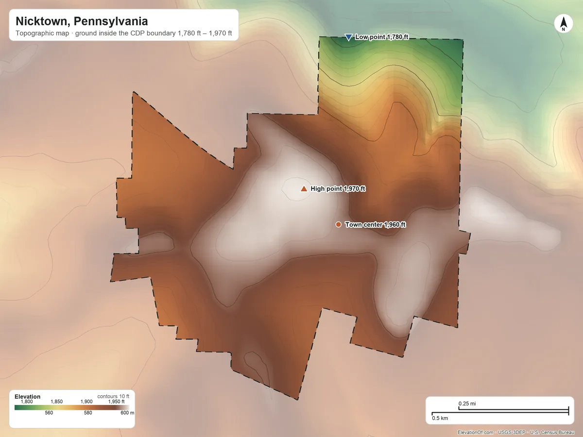 Topographic elevation map of Nicktown, Pennsylvania, shaded from 1,780 ft on the north side to 1,970 ft near the middle