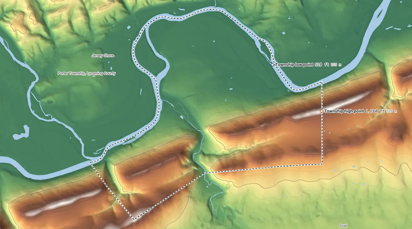 Topographic elevation map of Nippenose Township, Pennsylvania, shaded from 510 ft on the northeast side to 1,760 ft on the east side