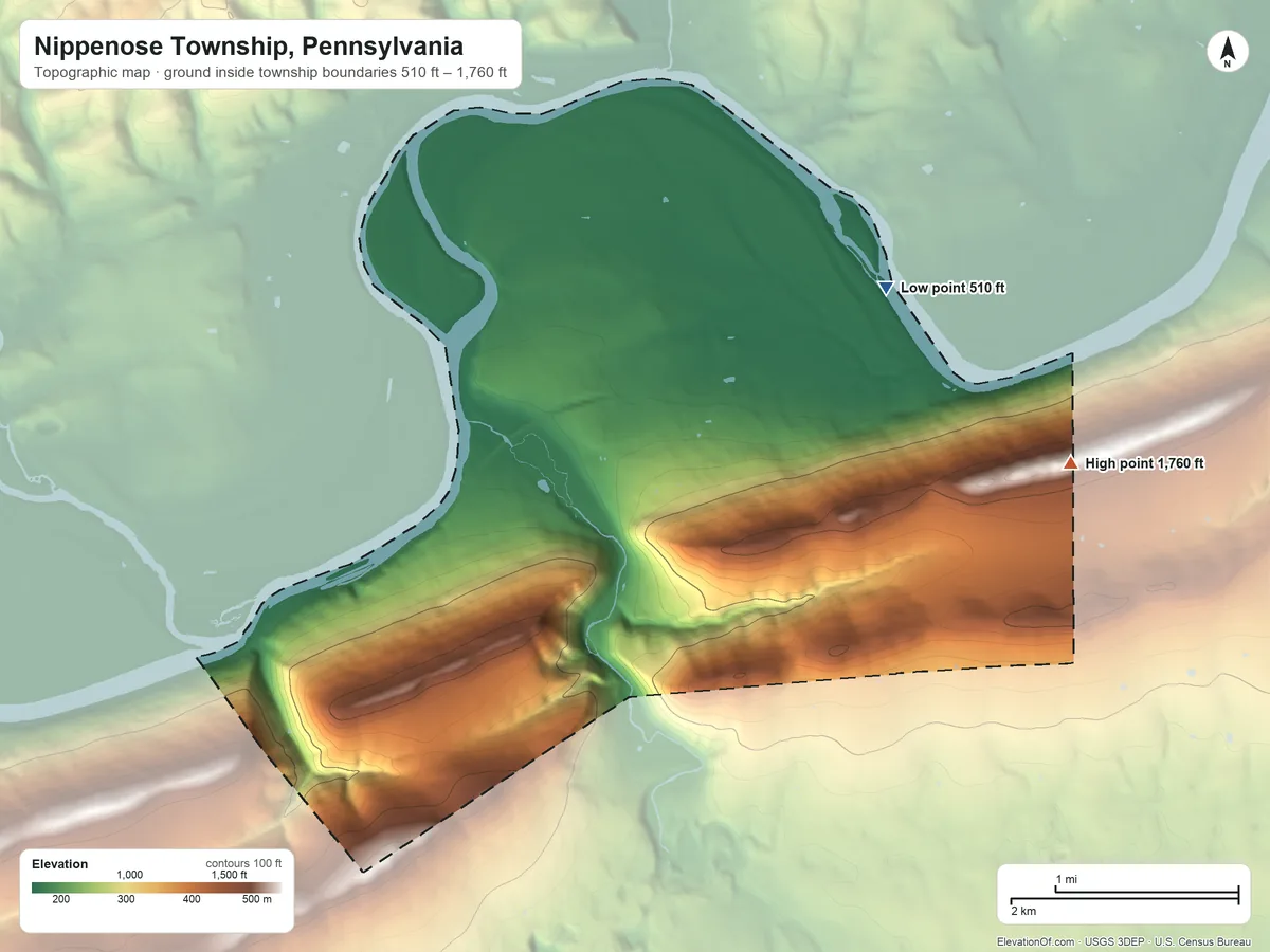 Topographic elevation map of Nippenose Township, Pennsylvania, shaded from 510 ft on the northeast side to 1,760 ft on the east side