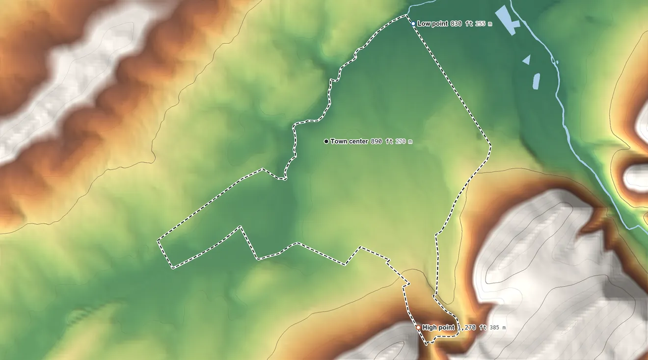 Topographic elevation map of Nittany, Pennsylvania, shaded from 830 ft on the northeast side to 1,270 ft on the southeast edge, below higher ground just outside