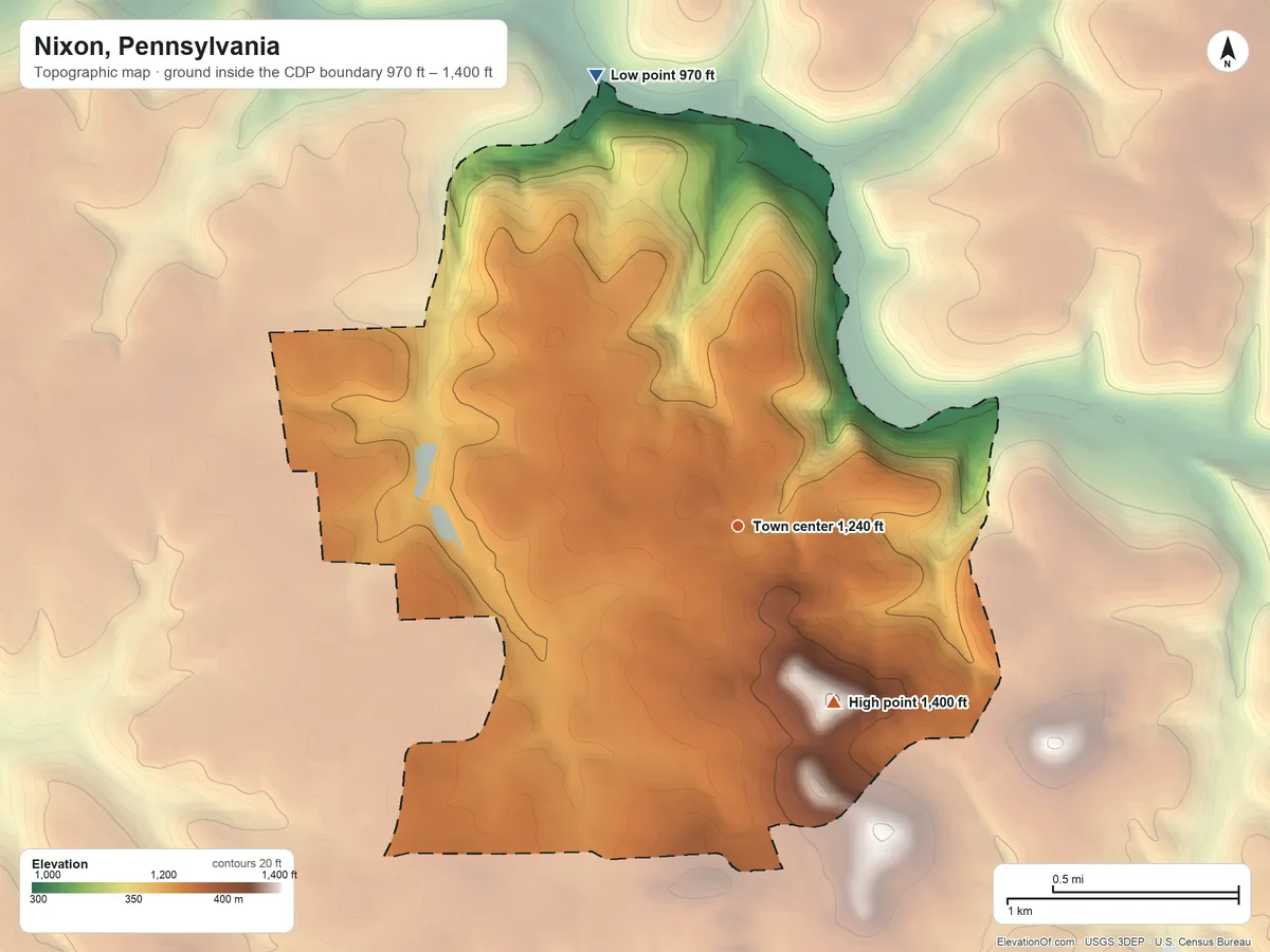 Topographic elevation map of Nixon, Pennsylvania, shaded from 970 ft on the north side to 1,400 ft on the southeast side