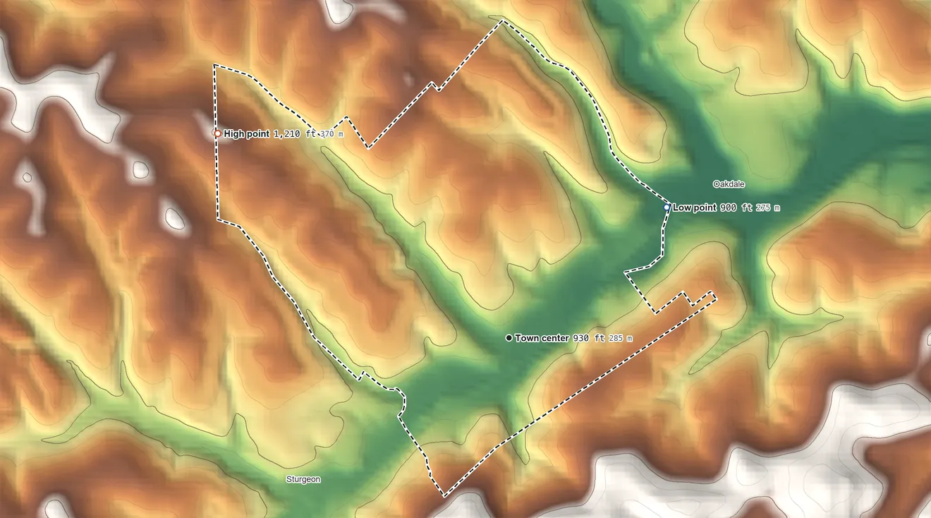 Topographic elevation map of Noblestown, Pennsylvania, shaded from 900 ft on the northeast side to 1,210 ft on the northwest side