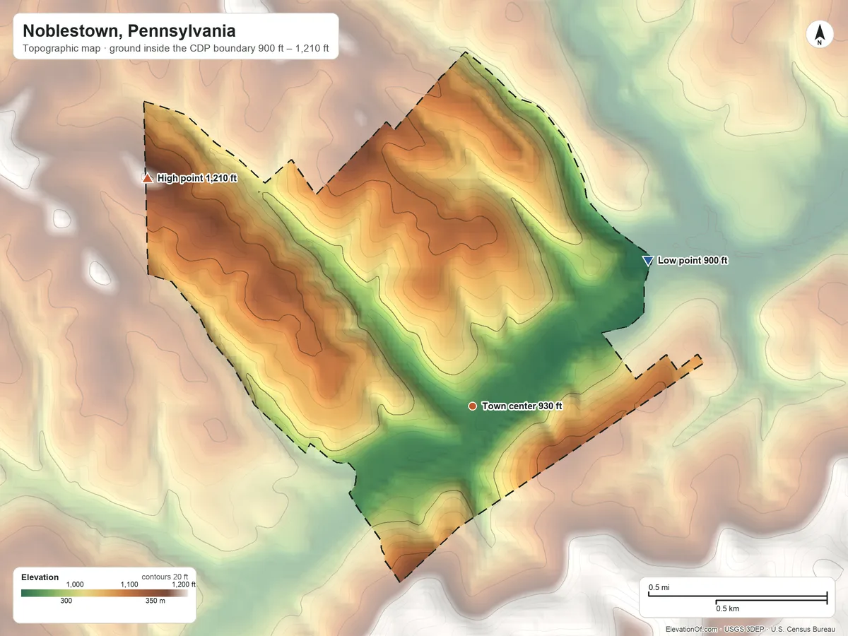 Topographic elevation map of Noblestown, Pennsylvania, shaded from 900 ft on the northeast side to 1,210 ft on the northwest side