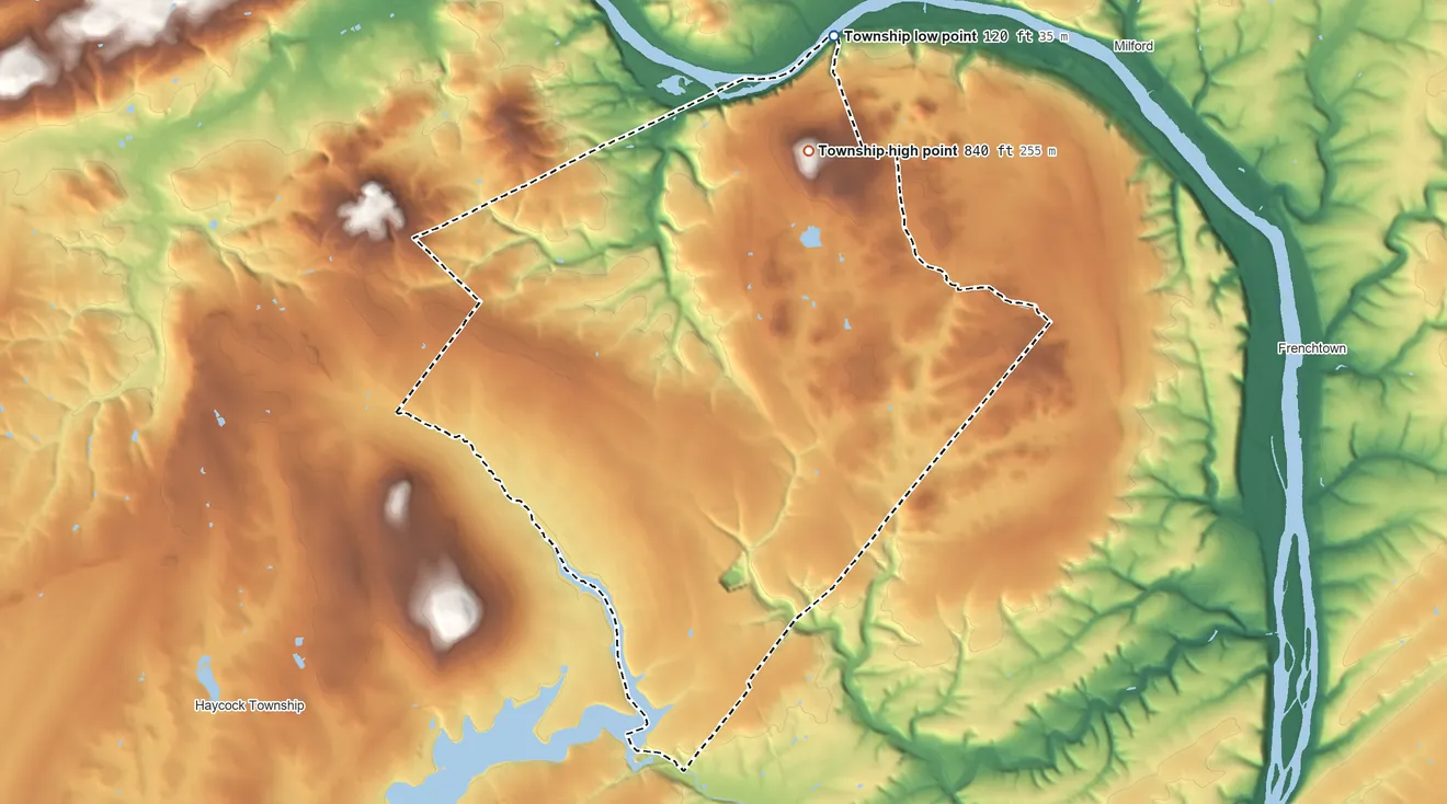 Topographic elevation map of Nockamixon Township, Pennsylvania, shaded from 120 ft on the northeast side to 840 ft on Coffman Hill