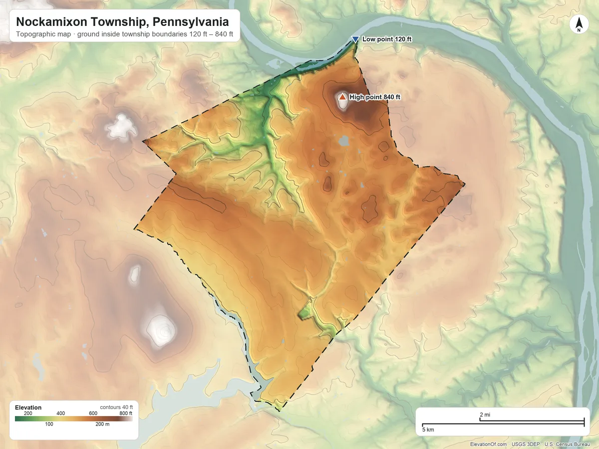 Topographic elevation map of Nockamixon Township, Pennsylvania, shaded from 120 ft on the northeast side to 840 ft on Coffman Hill
