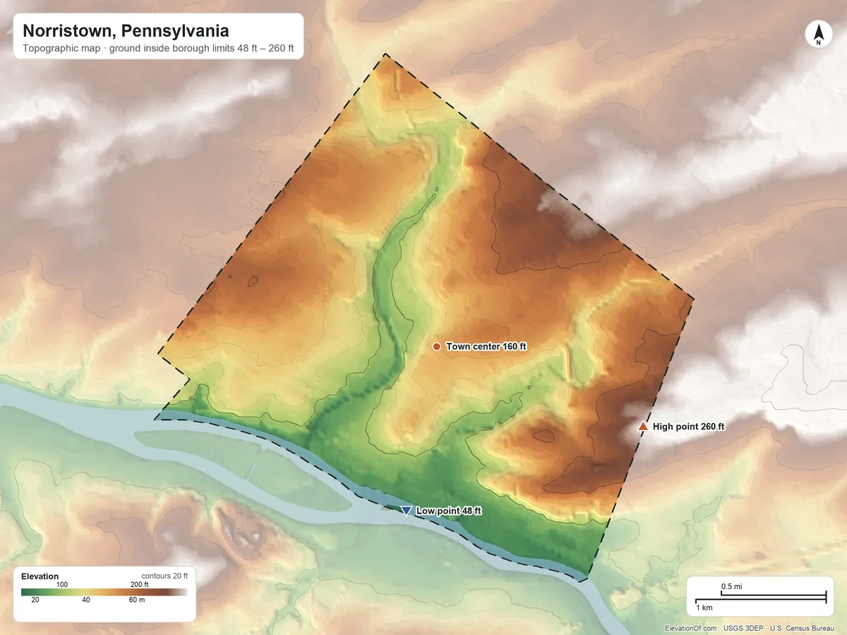 Topographic elevation map of Norristown, Pennsylvania, shaded from 48 ft on the south side to 260 ft on the east side