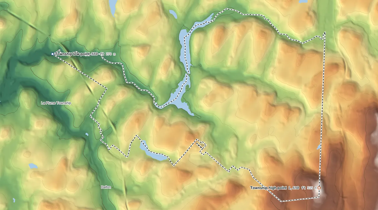 Topographic elevation map of North Abington Township, Pennsylvania, shaded from 880 ft on the west side to 1,690 ft on the southeast side