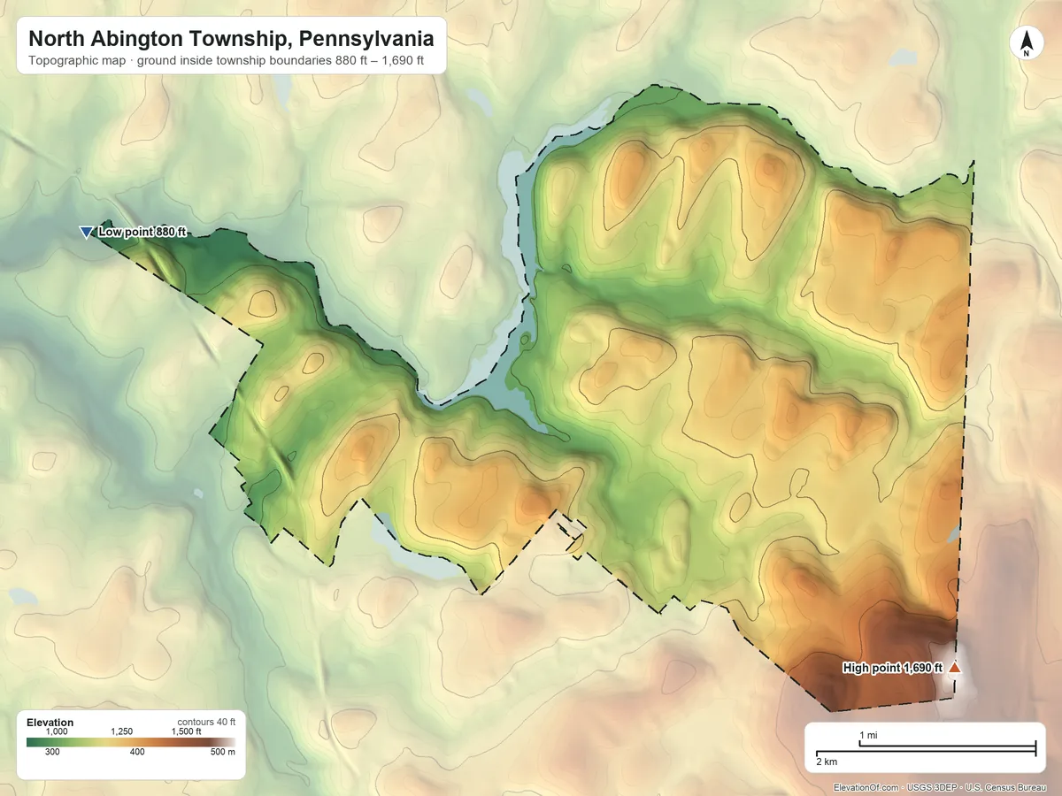 Topographic elevation map of North Abington Township, Pennsylvania, shaded from 880 ft on the west side to 1,690 ft on the southeast side