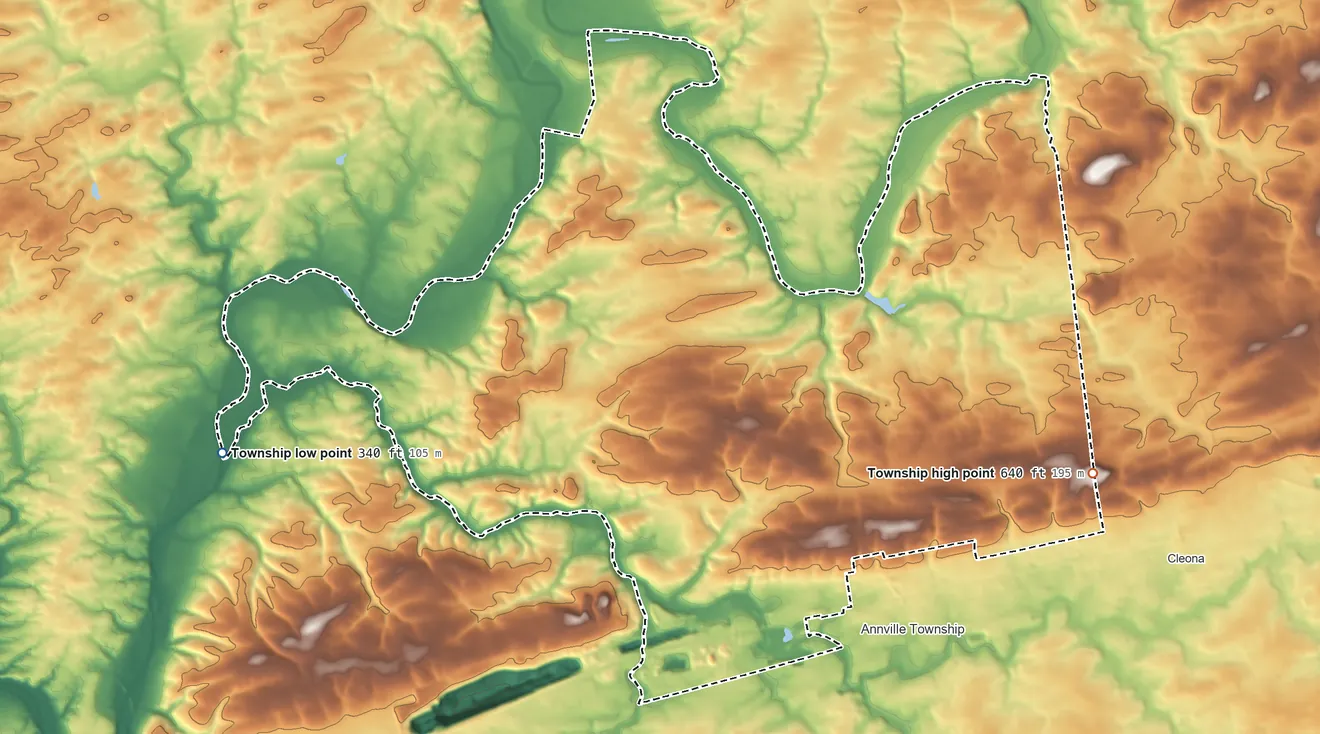 Topographic elevation map of North Annville Township, Pennsylvania, shaded from 340 ft on the west side to 640 ft on the east side