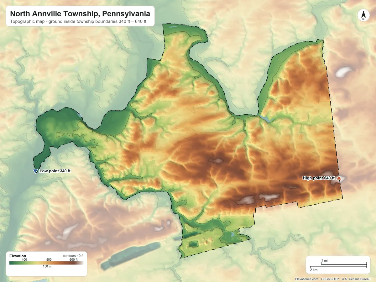 Topographic elevation map of North Annville Township, Pennsylvania, shaded from 340 ft on the west side to 640 ft on the east side