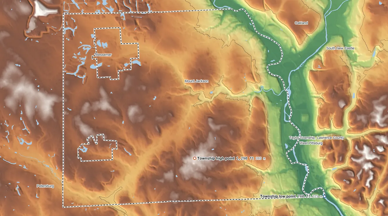 Topographic elevation map of North Beaver Township, Pennsylvania, shaded from 740 ft on the southeast side to 1,290 ft on the south side