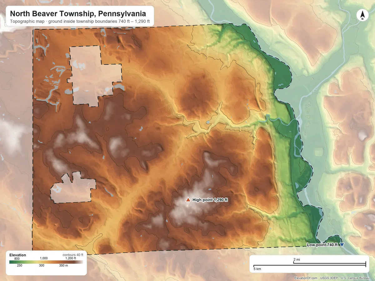 Topographic elevation map of North Beaver Township, Pennsylvania, shaded from 740 ft on the southeast side to 1,290 ft on the south side
