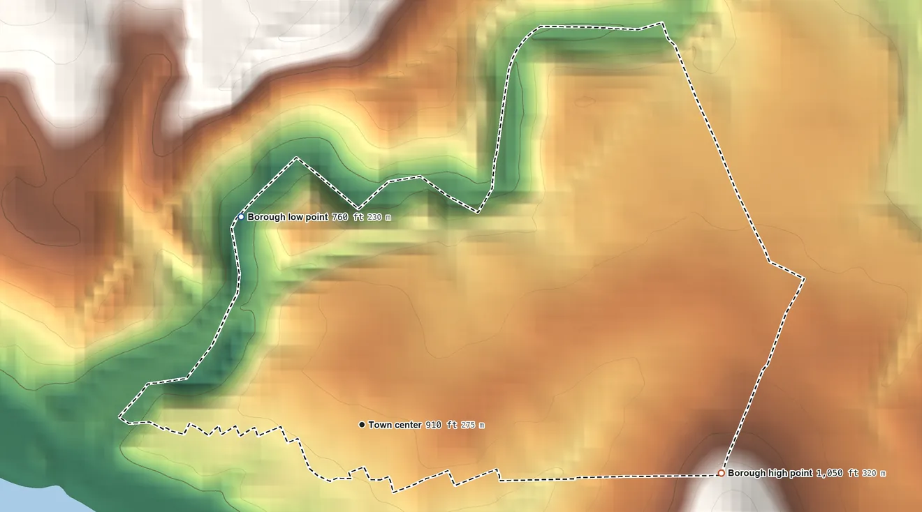 Topographic elevation map of North Belle Vernon, Pennsylvania, shaded from 760 ft on the northwest side to 1,050 ft on the east side
